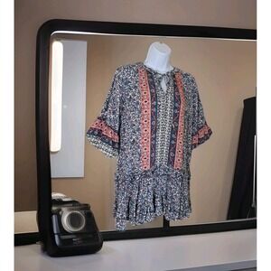 Umgee Tunic Top S Multicolor Floral Ruffled Bell Sleeves Tie Front Beachy Boho